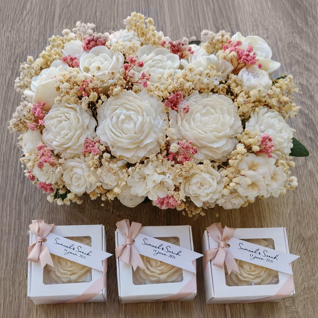 Centre de table cire de soja fondant parfumé et cadeaux invité