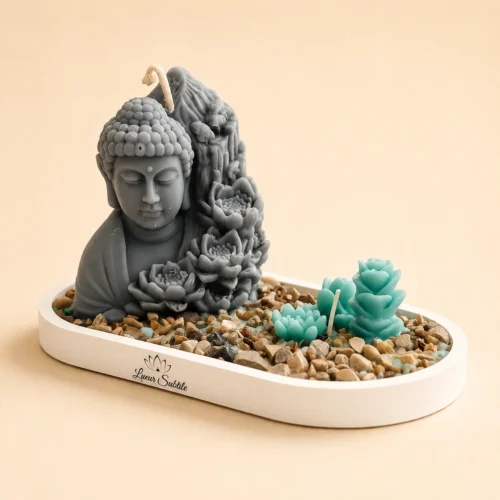 Plateau bougie Bouddha & succulentes – Décoration zen artisanale parfumée
