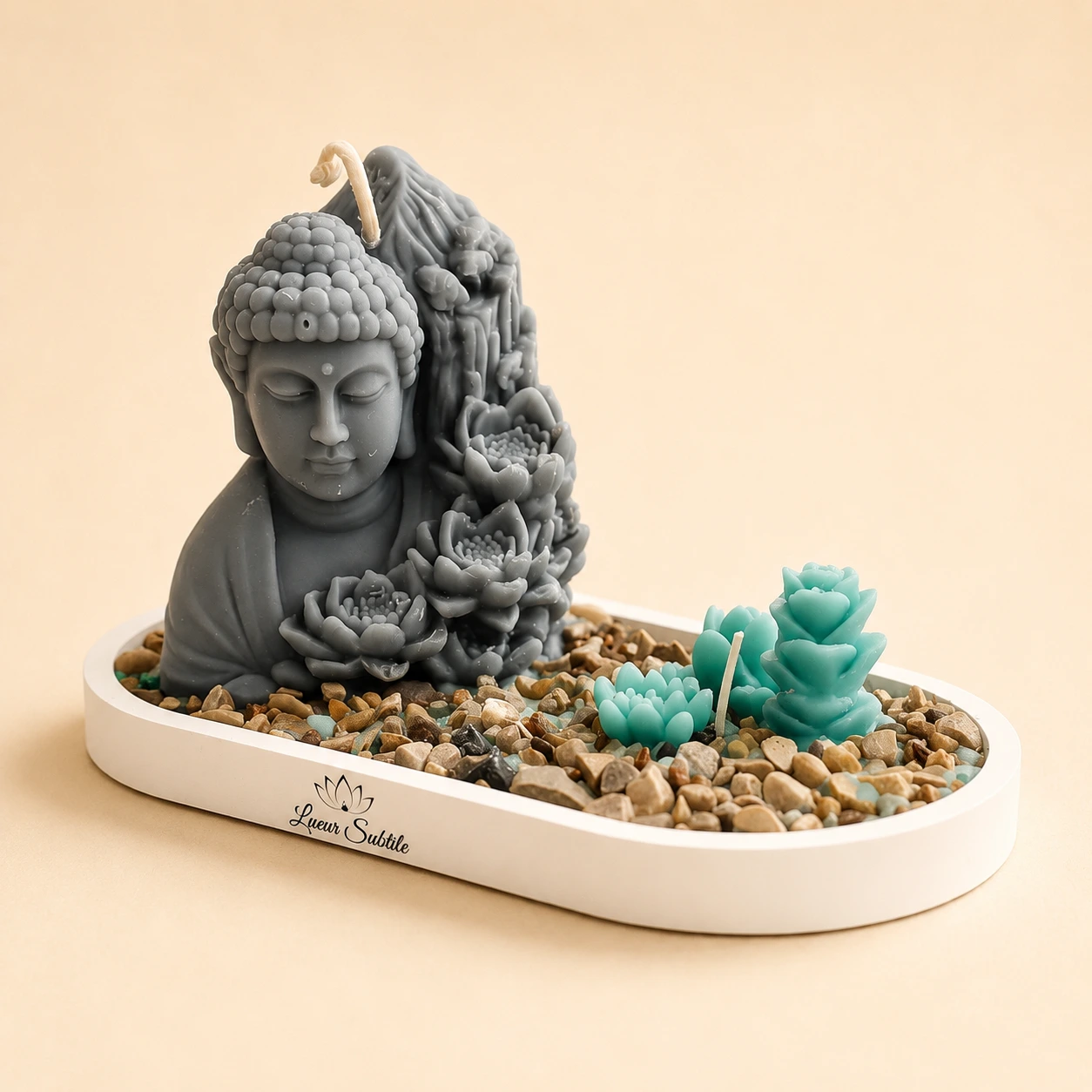 Plateau bougie Bouddha & succulentes – Décoration zen artisanale parfumée