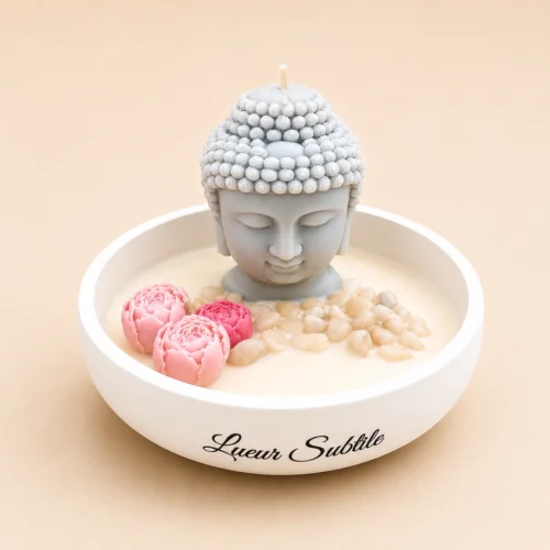 Bougie Bouddha artisanale – Plateau décoratif parfumé zen et cocooning