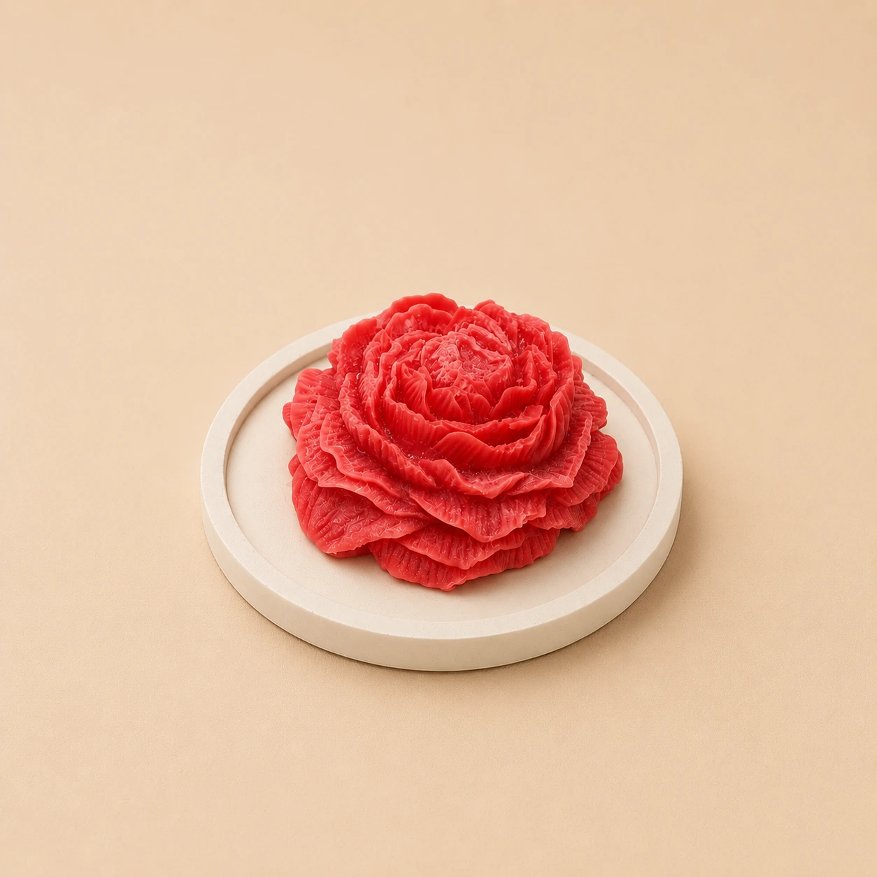 Bougie pivoine artisanale – Fleur décorative parfumée sur plateau en jesmonite