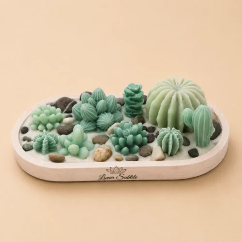 Plateau bougie succulentes artisanales – Décoration parfumée zen et naturelle