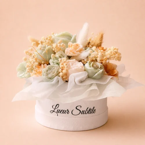Bouquet de cire parfumé – Composition florale artisanale beige & sauge