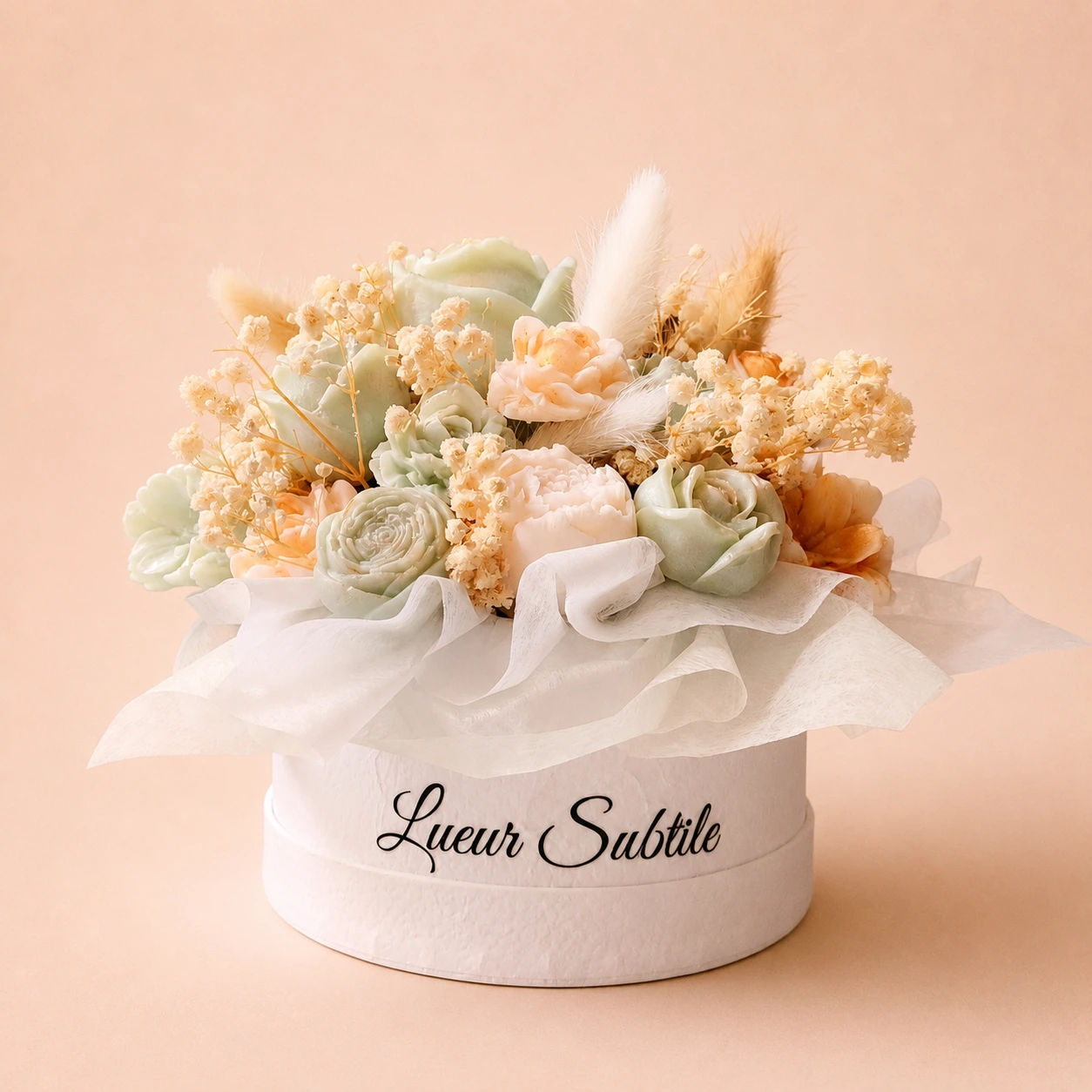 Bouquet de cire parfumé – Composition florale artisanale beige & sauge